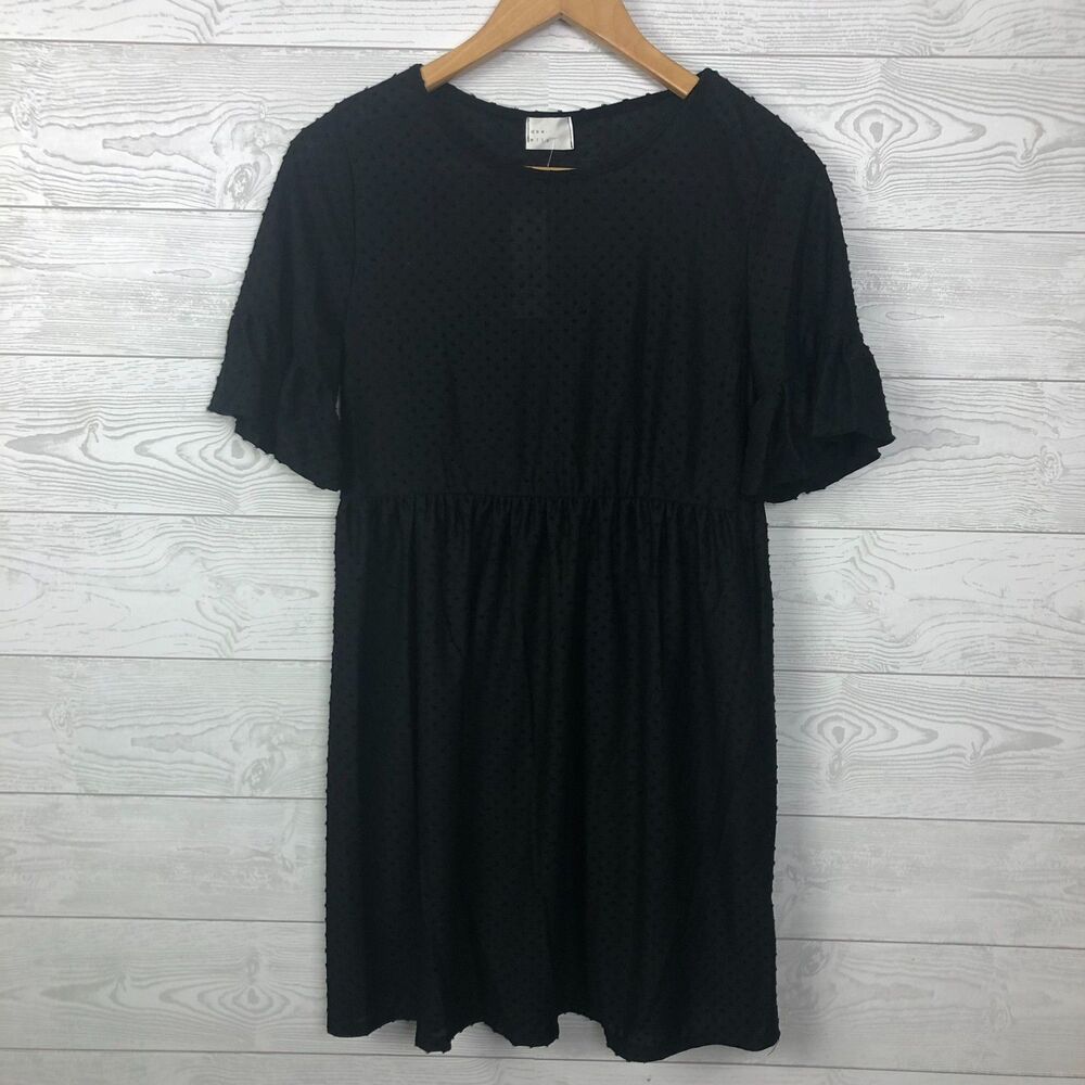 NWT Dee Elly Women's Medium Swiss Dot Bell Sleeve Dress Elastic Waist Black